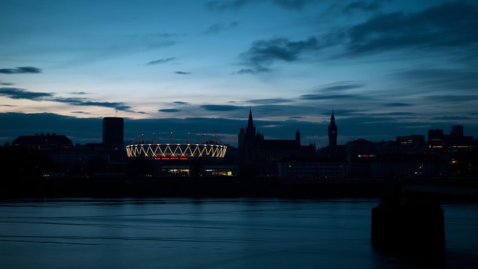 Cardiff skyline at dusk with Principality Stadium and Cardiff Castle