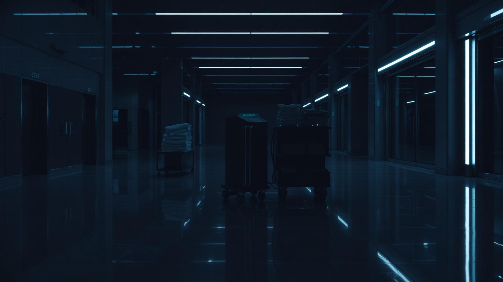 Spotless polished commercial building interior at night with professional cleaning cart