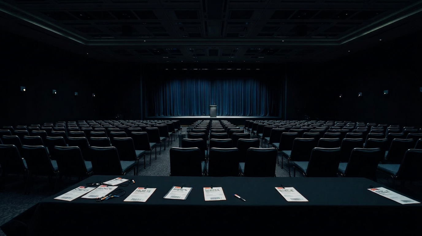 Empty corporate conference hall with delegate accreditation lanyards on registration desk