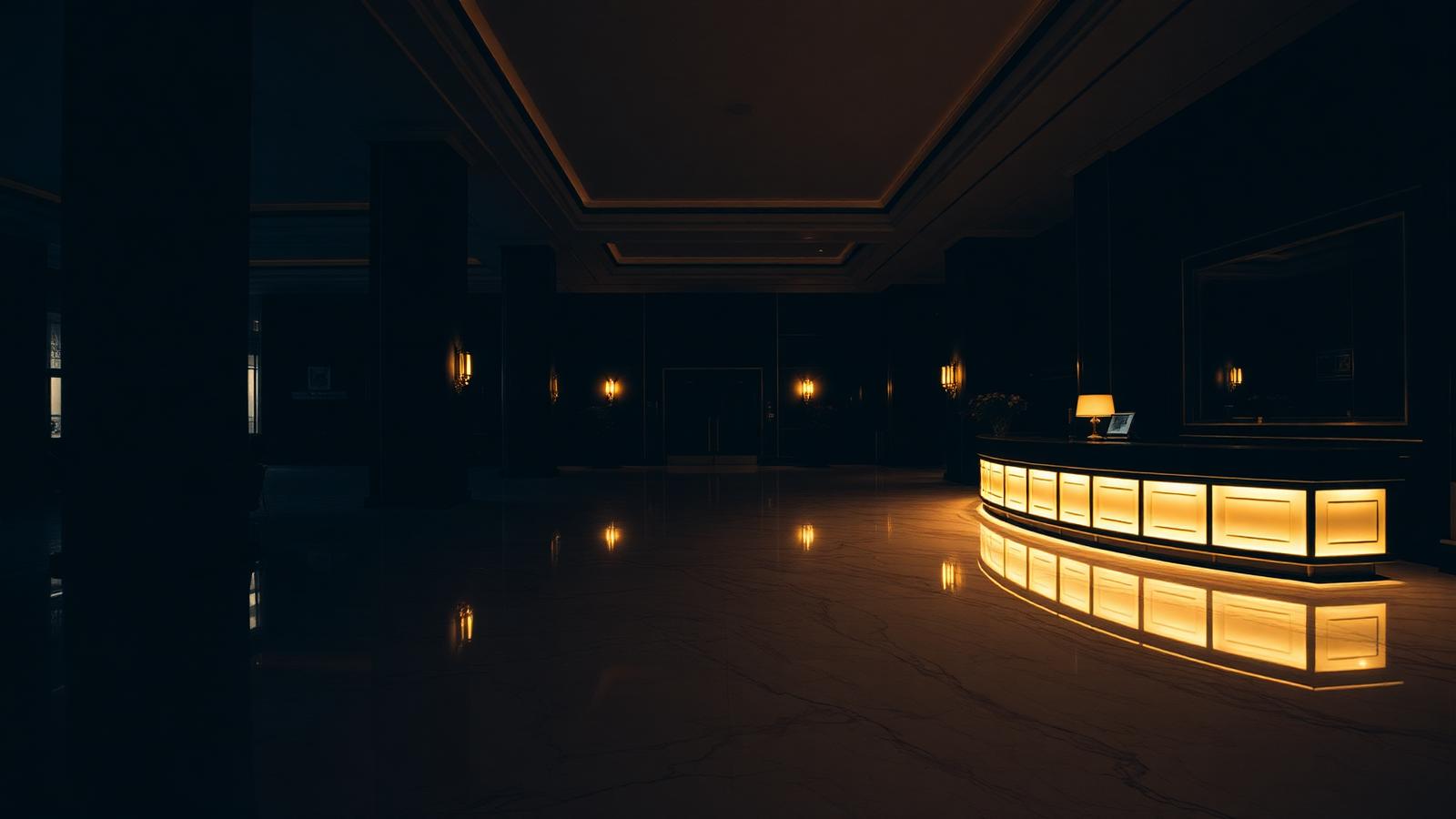 Empty luxury hotel lobby at night with polished marble floor and concierge desk