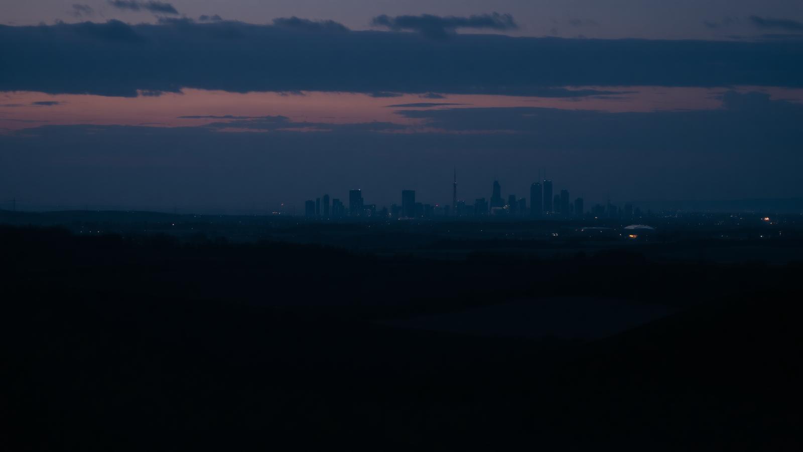 South East England landscape with London skyline at dusk